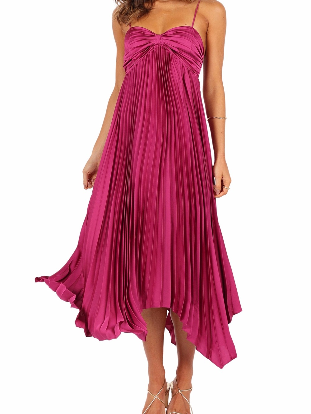 Petal & Pup Fuchsia Pleated Spaghetti-Strap Midi Dress